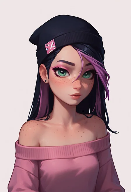 score_9,score_8_up,score_7_up, 1girl, green eyes, black hair, purple highlights, pink eyeshadow, freckles. wearing beanie, off-shoulder sweater