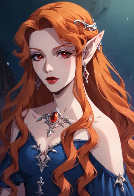 masterpiece,best quality, highly detailed, score_9, score_8_up, score_7_up, score_6_up,<lora:xl_more_art-full_v1:0.8>,
BREAK
<lora:lenoreXL:0.8>lenore, 1girl, solo, long hair, dress, red eyes, upper body, earrings, orange hair, jewelry, blue dress,vampire, pointy ears,