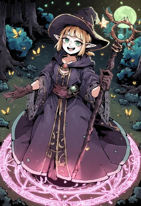 score_9, score_8_up, score_7_up,
1girl, pointed ears, blonde, green eyes, flat breasts, short bang ponytail,
holding staff, witch clothes, pink silk robe, lace sleeves, witch hat,
forest, flying fireflies, night, moon, stars,
smile, looking at viewer, open mouth, gloves , casting spell, magic glow, magic circle on hand,
good hand, front view, from above, standing,
<lora:Octosoup-_style:0.8>, octosoup,