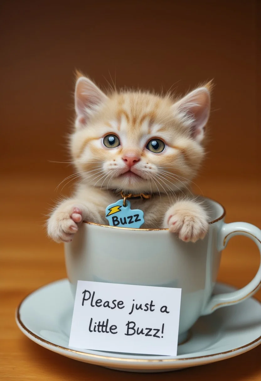 A hyper-realistic photograph of a tiny, wide-eyed kitten sitting inside a teacup, its soft fur slightly fluffed and its pink paws resting on the rim. The kitten’s head tilts adorably as it gazes upward with pleading, shimmering eyes. Around its neck hangs a small blue and yellow thunderbolt-shaped tag with the word ‘Buzz’ engraved on it. A handwritten note lies beside the teacup, reading in playful, childlike letters: ‘Please, just a little Buzz!’ The warm, softly-lit background accentuates the innocence and charm of the scene.