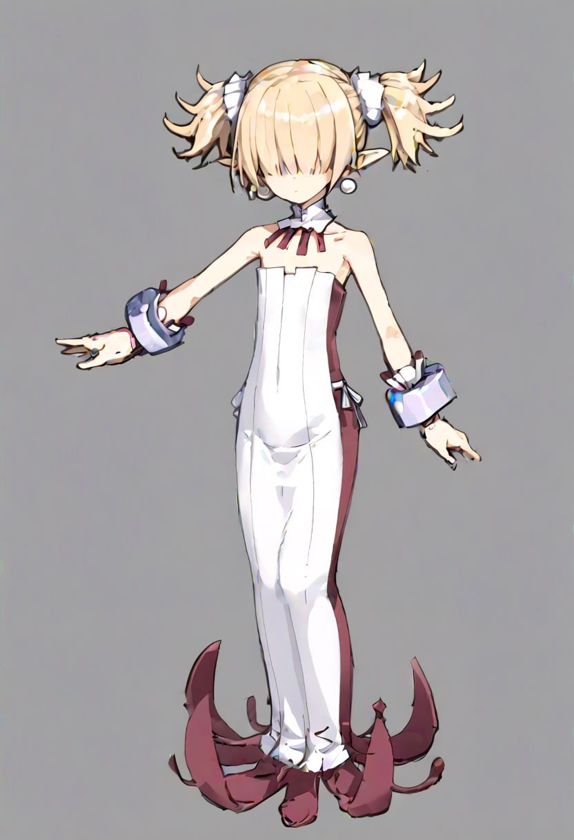Clergy, flat chest, pointy ears, short twintails , hair over eyes ,blonde hair, bare shoulders, white strapless dress, wrist cuffs,wristband, neck brace, pearl earrings, or earrings, or small white earrings,
masterpiece, best quality, very aesthetic, absurdres, 1milf, 1adult, solo, full_body, tachi-e,