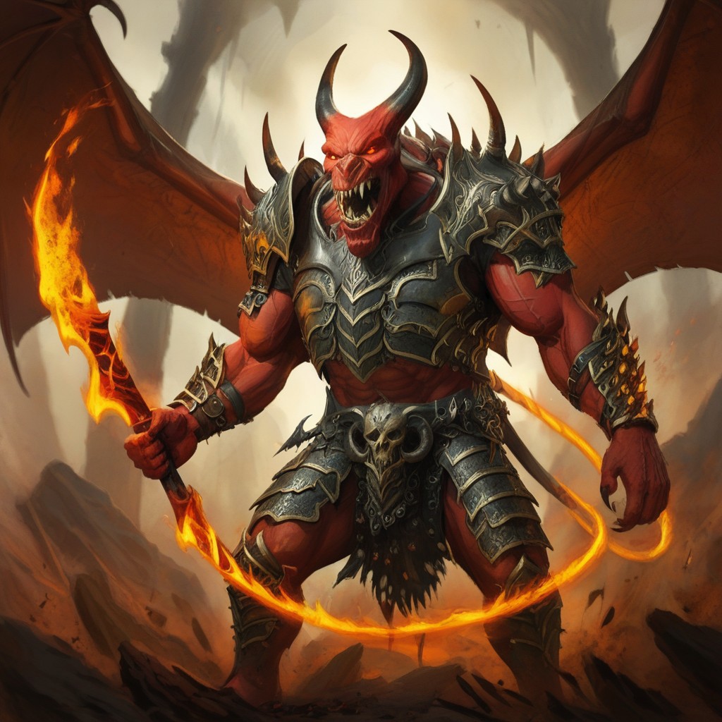 balor, wings, solo, horns, fire, armor, demon, weapon, no humans, red skin, 1boy This image is a highly detailed digital painting of a fantastical, demonic figure. The creature, a demonic warrior, stands in a powerful, dynamic pose, with a menacing expression. Its body is a deep, fiery red, with muscular, imposing physique, and it has a menacing, humanoid form with a mix of human and demonic features. The figure's head is that of a demon, with horns, a snarling mouth, and glowing red eyes.   Its arms are muscular and end in sharp, claw-like hands. The creature wears dark, armor-like shoulder pads on its shoulders, adorned with intricate, glowing patterns that match the fiery aura emanating from it. The armor is black with a hint of dark red, enhancing the fiery theme.  The creature's wings, large and bat-like, are a darker, more muted brown, partially transparent, and seem to be made of a leathery material. Flames and glowing energy swirl around its body, particularly around its wings and hands, adding to the fiery, demonic appearance.  In its right hand, it holds a massive, curved sword with a serrated blade and a handle adorned with skulls, which glows with the same fiery energy as the rest of its body.