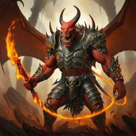 balor, wings, solo, horns, fire, armor, demon, weapon, no humans, red skin, 1boy This image is a highly detailed digital painting of a fantastical, demonic figure. The creature, a demonic warrior, stands in a powerful, dynamic pose, with a menacing expression. Its body is a deep, fiery red, with muscular, imposing physique, and it has a menacing, humanoid form with a mix of human and demonic features. The figure's head is that of a demon, with horns, a snarling mouth, and glowing red eyes.   Its arms are muscular and end in sharp, claw-like hands. The creature wears dark, armor-like shoulder pads on its shoulders, adorned with intricate, glowing patterns that match the fiery aura emanating from it. The armor is black with a hint of dark red, enhancing the fiery theme.  The creature's wings, large and bat-like, are a darker, more muted brown, partially transparent, and seem to be made of a leathery material. Flames and glowing energy swirl around its body, particularly around its wings and hands, adding to the fiery, demonic appearance.  In its right hand, it holds a massive, curved sword with a serrated blade and a handle adorned with skulls, which glows with the same fiery energy as the rest of its body.