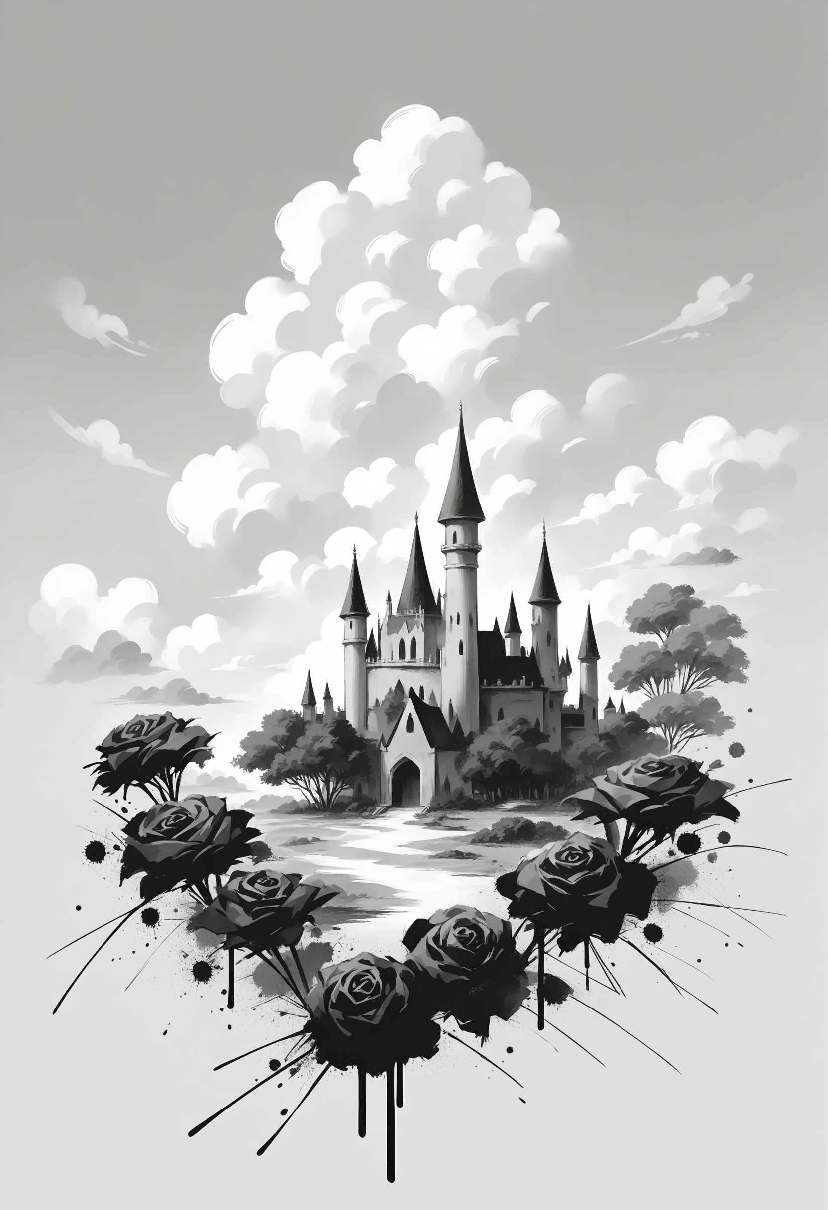 score_9, score_8_up, score_7_up, source_anime, <lora:monochromemuse:1>, monochromemuse, monochrome, greyscale, ink splatter, Garden castle, Many flowers, A few roses, clouds, dramatic clouds above, pink, dreamy,