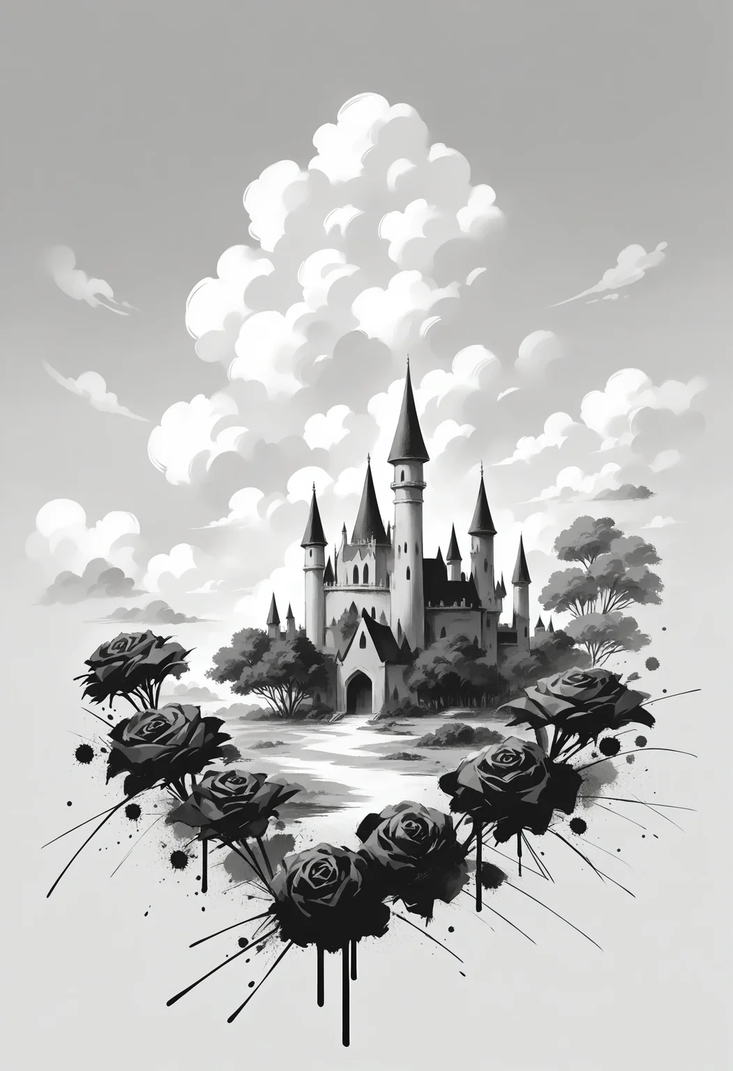 score_9, score_8_up, score_7_up, source_anime, <lora:monochromemuse:1>, monochromemuse, monochrome, greyscale, ink splatter, Garden castle, Many flowers, A few roses, clouds, dramatic clouds above, pink, dreamy,