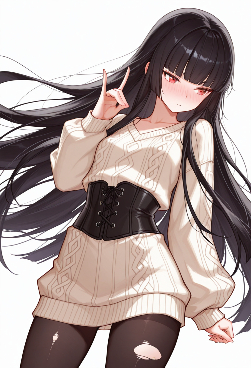 Smooth Quality,masterpiece,very intricate, high quality details, ultra realistic, high detailed skin,detailed enviorement,absurdres,
fox shadow puppet,
 <lora:Atre_CNR:0.8> atre_cnr, 1girl, black hair, very long hair,blunt bangs, red eyes,, simple background, white background, dynamic angle,solo,, full-face blush,, corset top,  ,oversized sweater, ,torn pantyhose,  ,