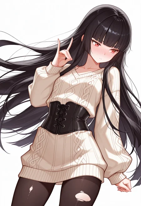 Smooth Quality,masterpiece,very intricate, high quality details, ultra realistic, high detailed skin,detailed enviorement,absurdres,
fox shadow puppet,
<lora:Atre_CNR:0.8> atre_cnr, 1girl, black hair, very long hair,blunt bangs, red eyes,, simple background, white background, dynamic angle,solo,, full-face blush,, corset top, ,oversized sweater, ,torn pantyhose, ,
