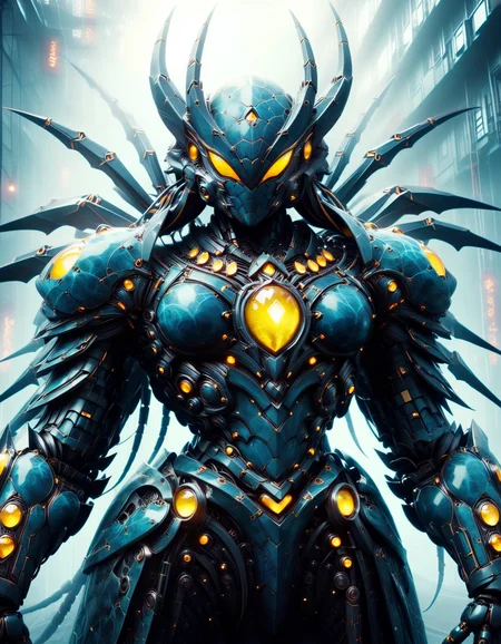 blueberrym0rph of a big cyberpunk spider with ObsidianCitrine armor, fog, EdobHorrorLandscape, glowing lights, Interpolation, Fujicolor Superia X-TRA 400, 50mm, Offset print, RAW photo, highly contrasted, contemporary fine detail, highly intricate, detailed, stunning <lora:Blueberry_World_Morph:1.0> <lora:Mecha_Ggorgeous_Armor:0.8> <lora:EdobHorrorLandscape_XL_v1.0:0.8> <lora:ObsidianCitrine:0.8>