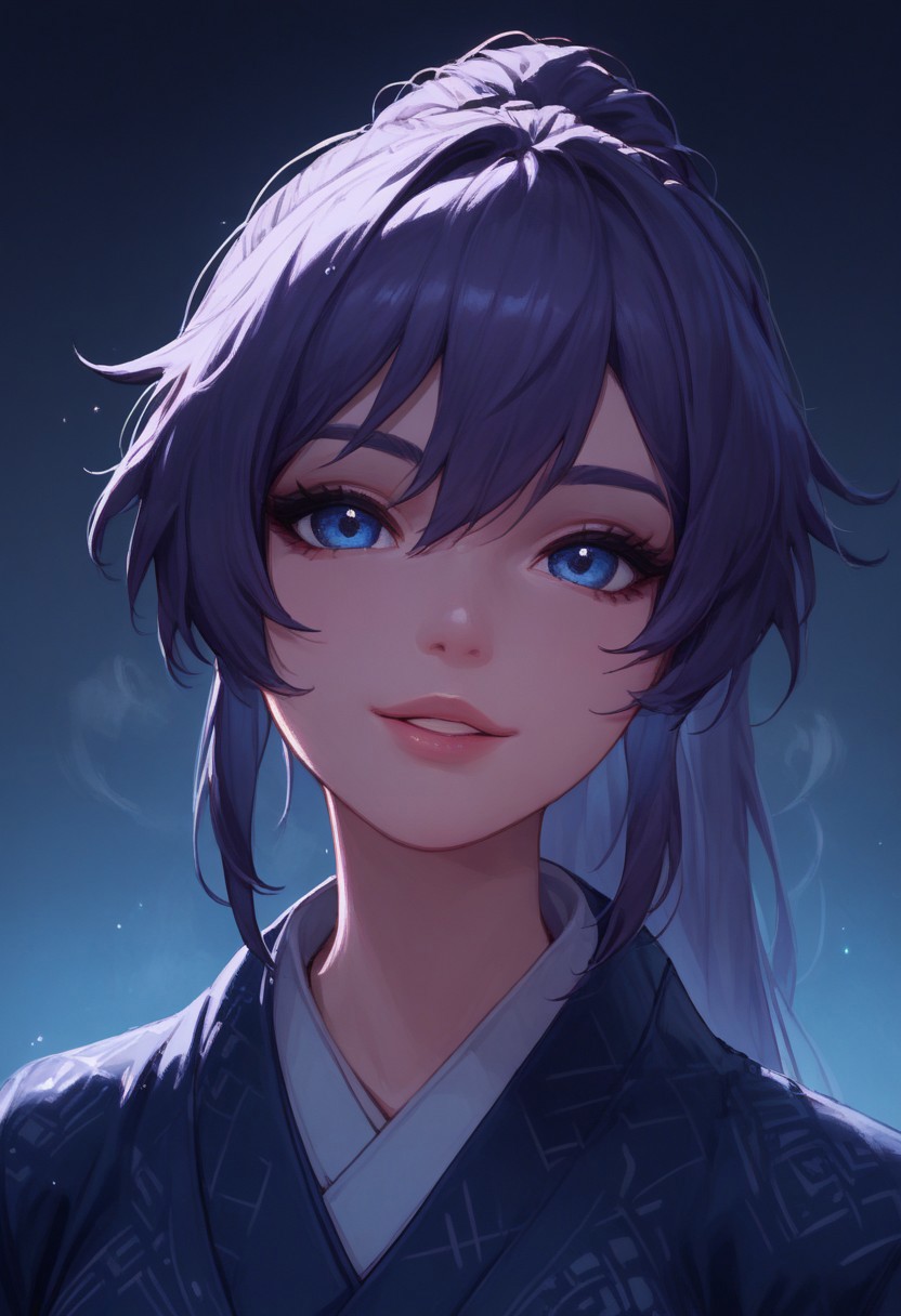 score_9, score_8_up, score_7_up, score_6_up, female portrait, 1girl, solo, Kiana, long hair, smile, bangs, blue eyes, raven hair, ponytail, kimono, close up, waist up, posing, parted lips, steam, cold weather, foggy, night time, street, walking, dynamic angle, natural light,