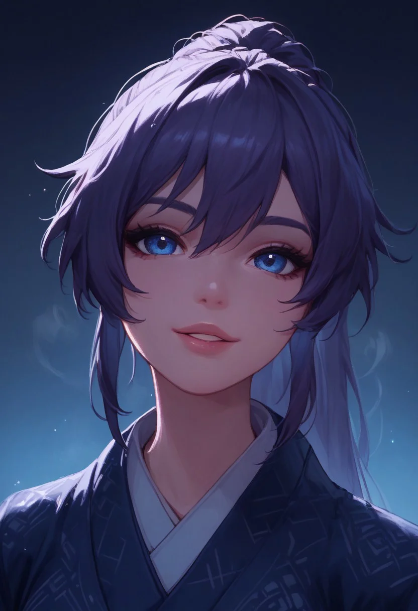 score_9, score_8_up, score_7_up, score_6_up, female portrait, 1girl, solo, Kiana, long hair, smile, bangs, blue eyes, raven hair, ponytail, kimono, close up, waist up, posing, parted lips, steam, cold weather, foggy, night time, street, walking, dynamic angle, natural light,