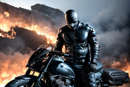 (Realisitc:1.5) edobrendel, man, fire, multiple boys, signature, pouch, shoulder armor, black bodysuit, 1other, cowboy shot, skull, artist name, (riding a motorcycle:1.3) <lora:EdobRendel_v1.0:0.8>