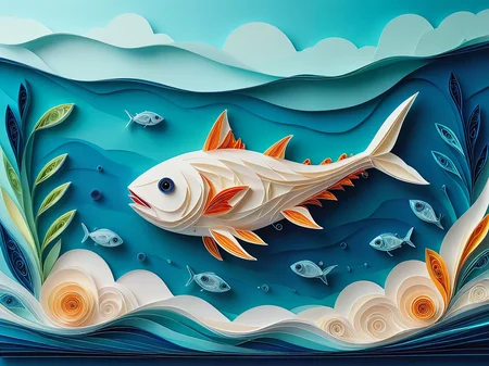 Made of paper.
A tuna, swimming in the ocean.
<lora:Quilling01_CE_XL_300-OT:0.6> qlngCE_style