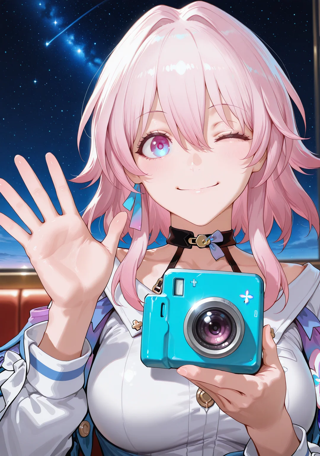 masterpiece,best quality,amazing quality,
1girl,looking at viewer,standing,upper body,<lora:tommustyle3:1>,tommustyle,
march 7th \(honkai: star rail\),holding camera,smile,waving,starry sky,one eye closed,