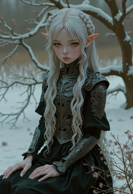 SWMS,Full body potrait, hyperrealistic detail, Rendered in a fusion of photorealism and digital surrealism, Beautiful surreal high fantasy portrait, A Female warrior with dark, ashen skin and long, long silver-white hair, intricate braids, black Armor and clothes, facing the viewer stands amidst snowflakes, ethereal and otherworldly presence, with sharp, elf-like ears and adorned in elaborate, dark armor with detailed engravings and metallic patterns. Her expression is somber and introspective as she sits quietly, her eyes are silver, in a cold and desolate landscape under a dim, moonlit sky. Her armor is very detailed with decorations, giving her an air of nobility, Real sharp photo, snowing, snowflakes in the air, blurred background, rose gold minerals, shiny aura, highly detailed, Kirnan Shipka, Januz Miralles, Hikari Shimoda, glowing stardust by W. Zelme. The overall effect is breathtaking and truly captivating, shimmering skin that glows like the night sky, long, hair adorned with tiny, glowing stars, deep, cosmic eyes, ethereal hues, mysterious and enchanting expression, dreamlike and mystical atmosphere, RAW candid cinema, 16mm, color graded portra 400 film, remarkable color, ultra realistic, textured skin, remarkable detailed pupils, realistic dull skin noise, visible skin detail, skin fuzz, dry skin, shot with cinematic camera, detailed skin texture, (blush:0.2), (goosebumps:0.3), subsurface scattering, detailed drawing   <lora:FLUX - SWMSF - Styles for FLUX ( detailed drawing, swms ):1> <lora:FLUX - Surreal_Photo (Glitter):0.6>