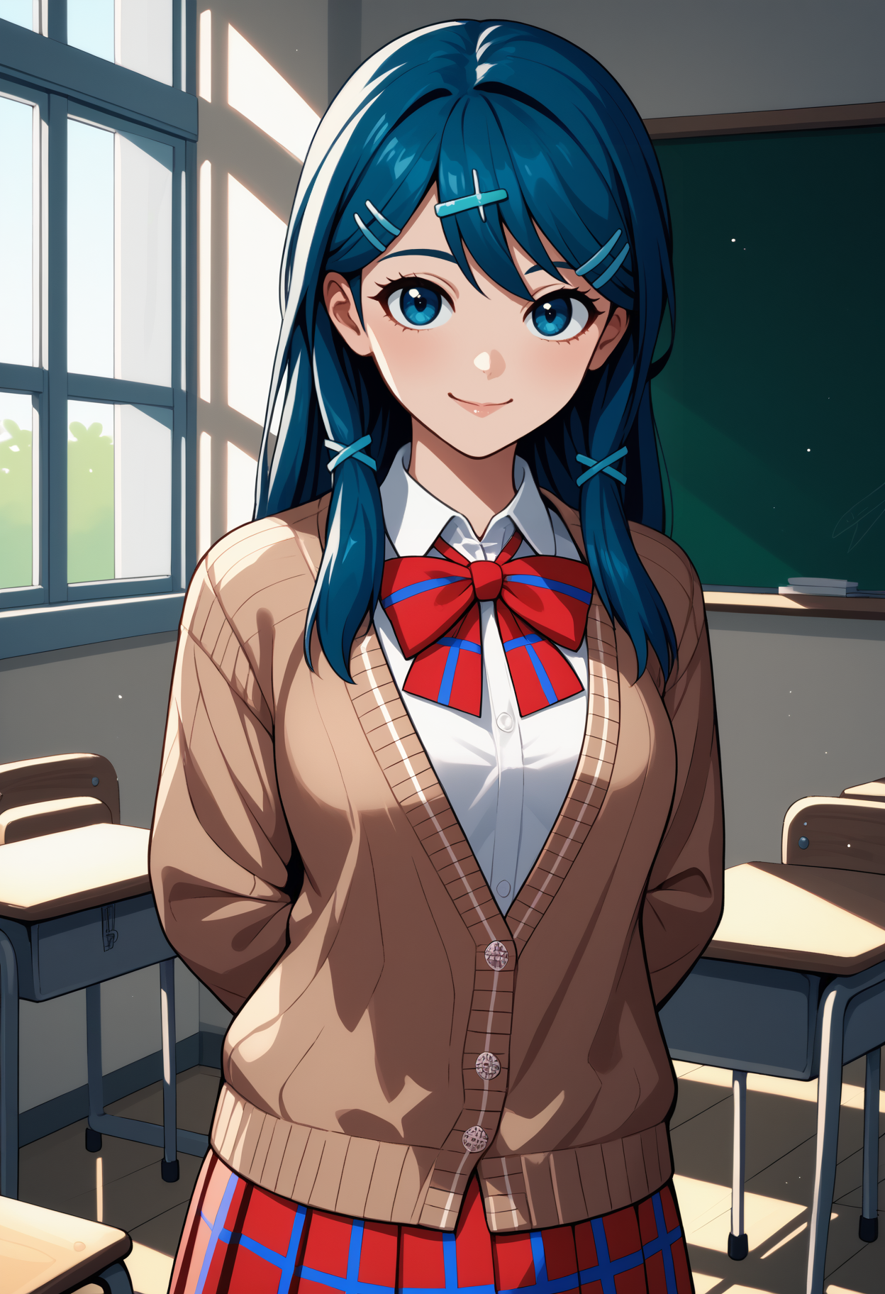score_9, score_8_up, score_7_up, source_anime, <break> solo, 1girl, tsubasadef, smile, looking at you, standing, arms behind back, long hair, blue hair, hairclip, blue eyes, school uniform, brown cardigan, long sleeves, white shirt, collared shirt, red bowtie, red skirt, plaid skirt, indoors, classroom
<segment:yolo-face_yolov8m.pt,0.4,0.5//cid=1>