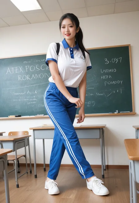 score_9, score_8_up, score_7_up,, high res ima , source_photo, source_real, (realistic:1.4),
,,ruanyi0533,blue pants,short sleeves,striped,1girl,solo,classroom,chalkboard,high ponytail,huge breasts,<lora:0533 Shen Jiayi_v1_pony:1>, low angle, , writing on board