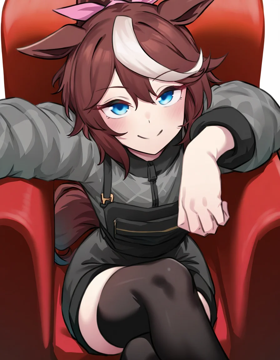 solo,looking at viewer,cowboy shot,simple background,white background,black thighhighs,sitting,pantyhose,crossed legs,smile,on couch,couch,<lora:jiandna-000020:1>,tokai teio \(umamusume\),, masterpiece, best quality, very aesthetic, absurdres,newest, incredibly absurdres,
