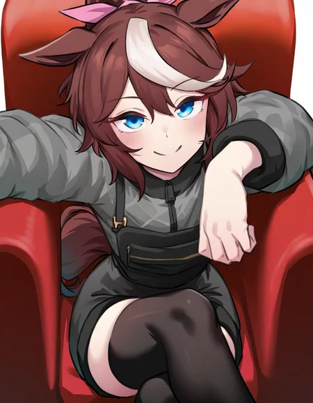 solo,looking at viewer,cowboy shot,simple background,white background,black thighhighs,sitting,pantyhose,crossed legs,smile,on couch,couch,<lora:jiandna-000020:1>,tokai teio \(umamusume\),, masterpiece, best quality, very aesthetic, absurdres,newest, incredibly absurdres,
