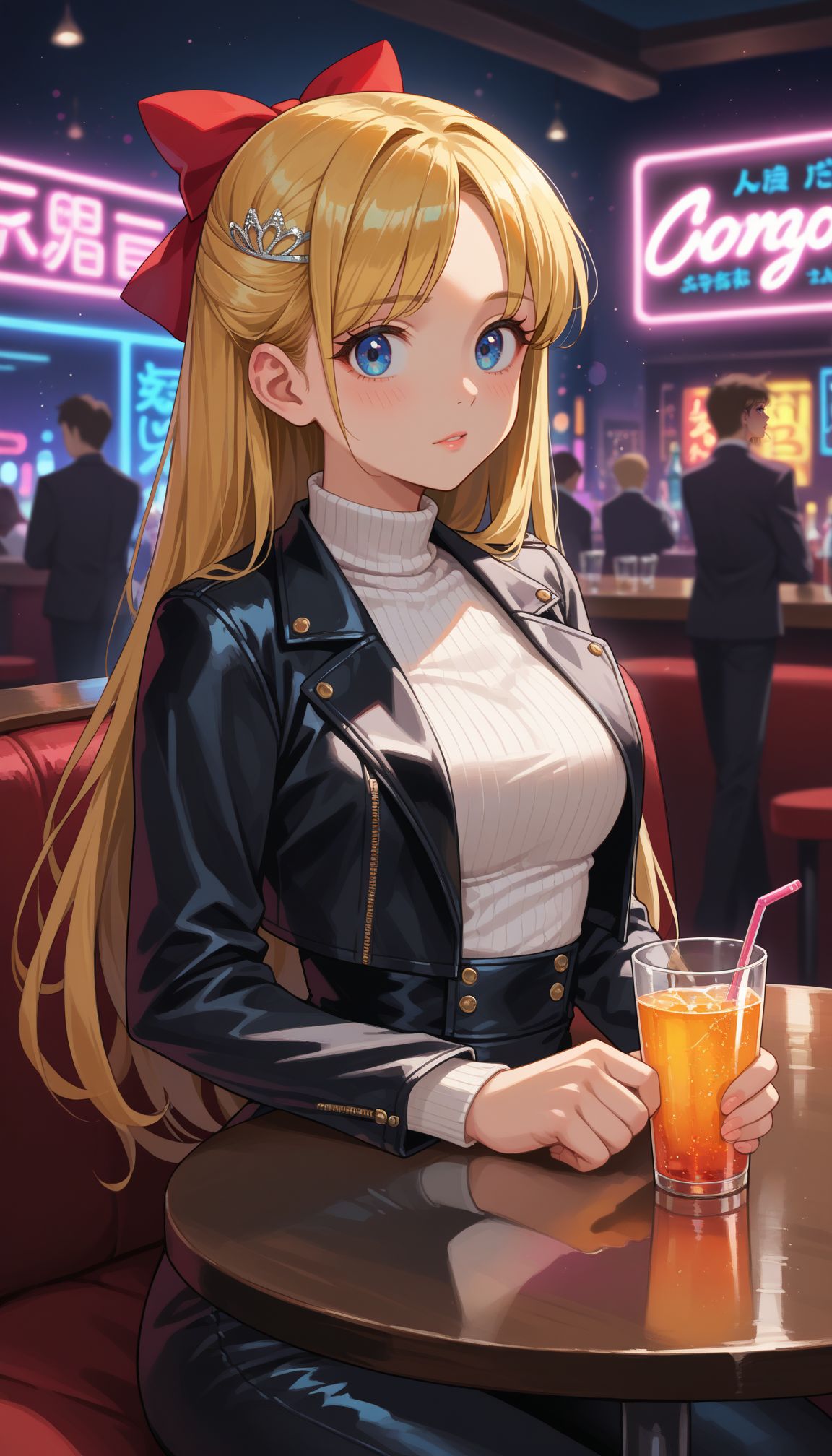 score_9, score_8_up, score_7_up, source_anime, 
 <lora:Sailor Venus:0.9> , minako aino, blonde hair, blue eyes, bow, hair bow, half updo, long hair, red bow, tiara,
nightclub, neon lights, bokeh, depth of field, makeup, leather jacket, turtleneck, high waist pants, sit, table, drink,
