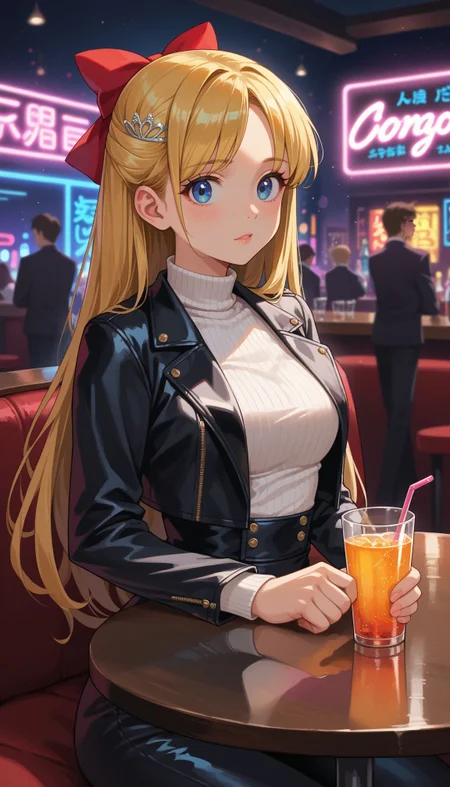 score_9, score_8_up, score_7_up, source_anime,
<lora:Sailor Venus:0.9> , minako aino, blonde hair, blue eyes, bow, hair bow, half updo, long hair, red bow, tiara,
nightclub, neon lights, bokeh, depth of field, makeup, leather jacket, turtleneck, high waist pants, sit, table, drink,
