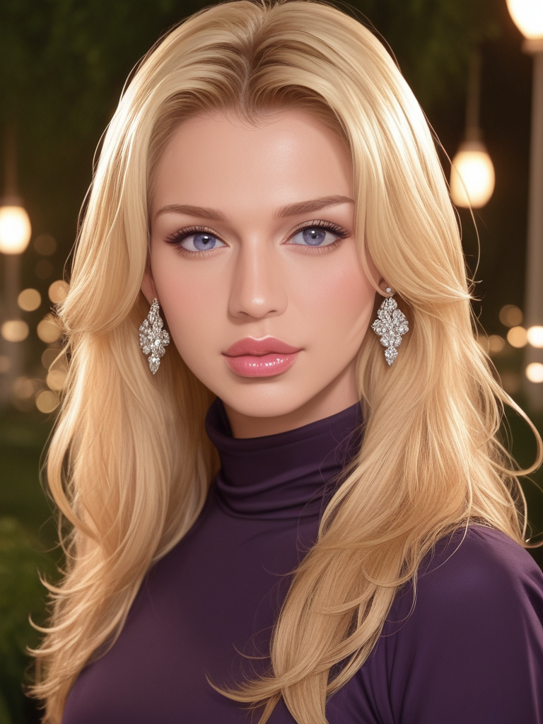 face focused, magic hour, photography, warm light, sunset, movie still, ultra detailed, portrait, BREAK
score_9, score_8_up, score_7_up, Danyelle3V4ngelista , Danyelle Evangelista, <lora:Danyelle3V4ngelista-000009-pony:1>,  1girl, solo, big lips, blonde hair, bangs, portrait, shiny lipgloss, lips, vintage aesthetic, sorceress, turtleneck, purple robe, dress, diadem, solo, blush, looking at viewer, bokeh, focus, film, velvia, film grain, best quality, photograph, focus, earrings, garden