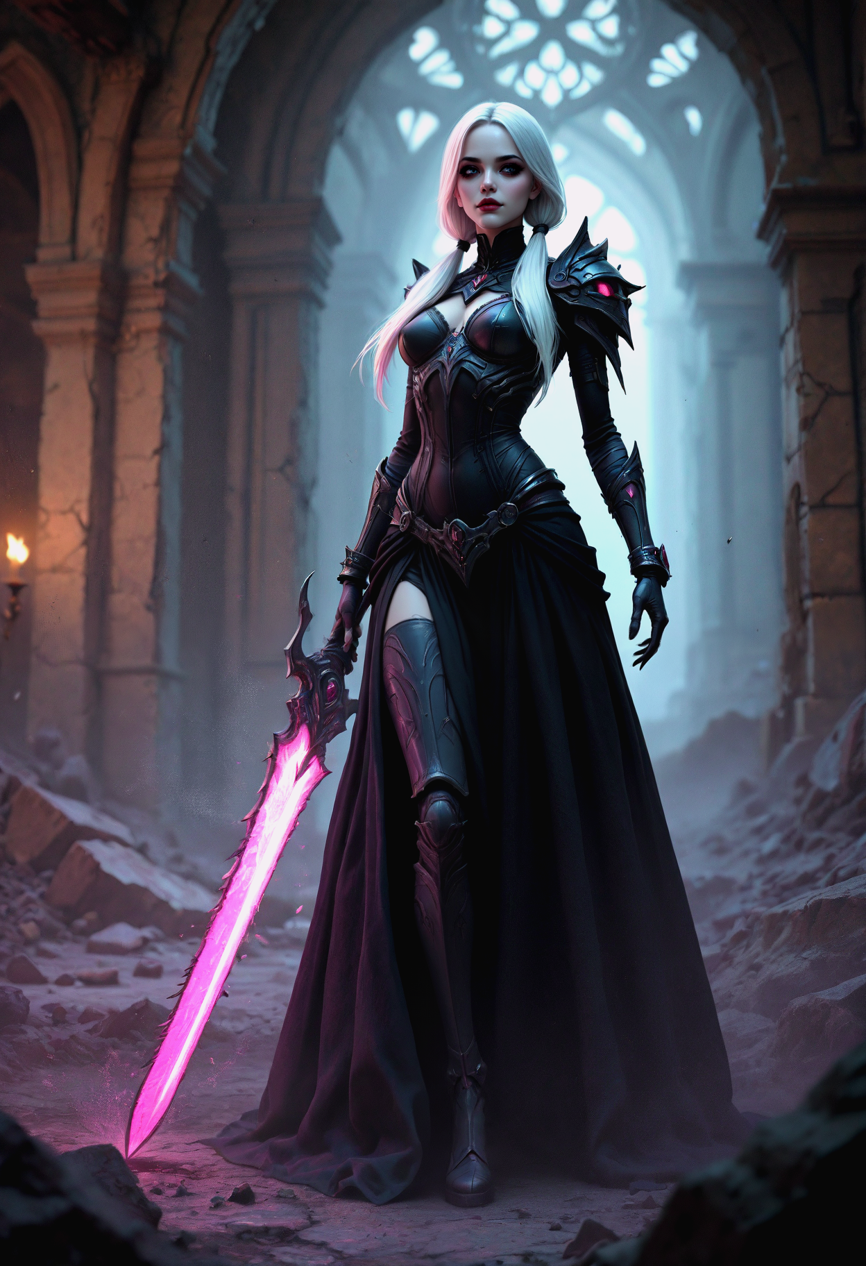 Da3k_fanla5y_a3t.
A flat 2D comic book artwork showing a fossilized rogue, illustrating an eerie scene exploring ethereal excitement.
She is seen thrusting upwards equipped with a skeletal great blade. The weathered weapon's alabaster blade has an evenly serrated edge like a saw.
Her lithe figure is enshrouded in a gothic combat-jumpsuit with an alabaster design, featuring layers of interlocking geometric cloth pieces forming a novel silhouette, paired with pointy ribs worked into the design, emphasizing her savage allure. Bone fragments embedded in her armor create a fearsome silhouette. A deconstructed design with open seams and detached parts emphasizes the outfit's eccentric style.
She has bone-white hair styled in scifi low twintails.
Set inside of the crumbling halls hidden within bone-made tech-ruins of a lost civilization. Flickering screens displaying distorted ivory imagery are loosely hanging onto the ruins' broken walls.
The artwork's style is characterized by strong lines, featuring a cartoon-style with deep shadows and intense colors. The color theme is combining colorful tones.
<lora:il_Dark_Fantasy_Art.safetensors:0.8>