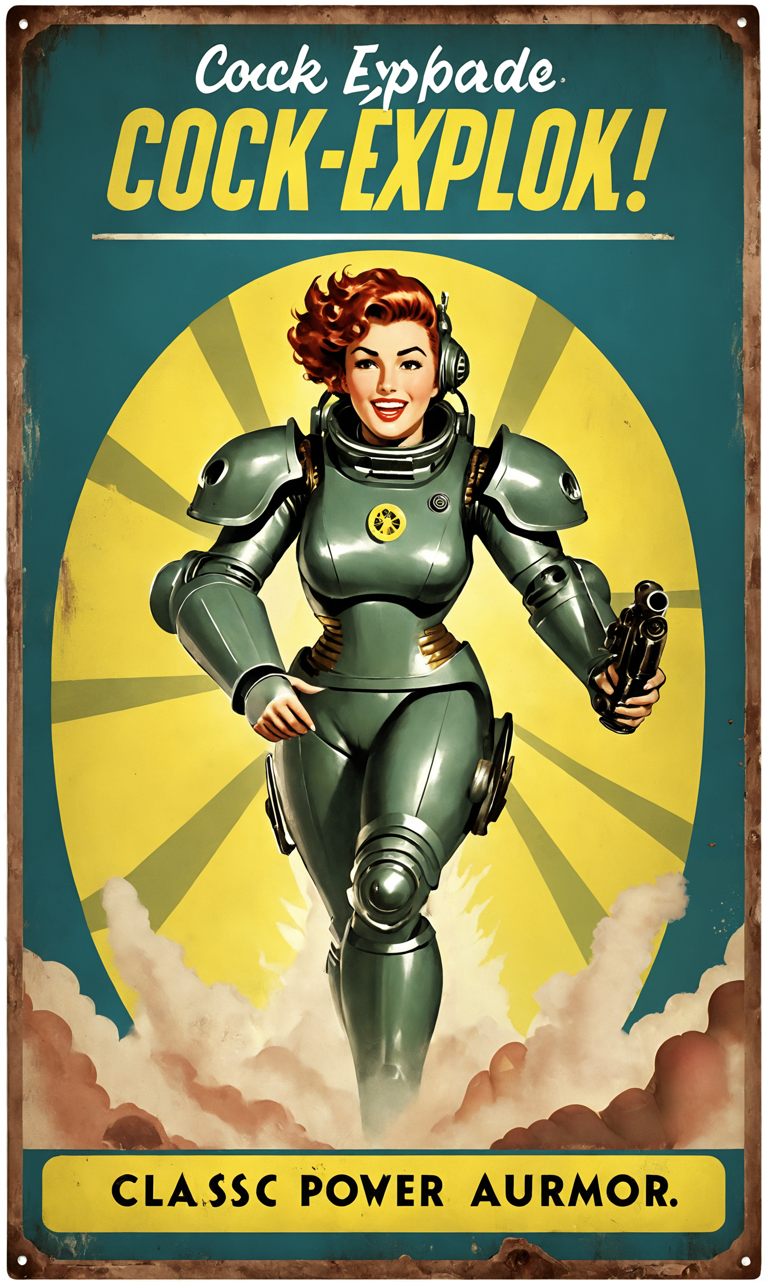 text "Cock Explode Now!", poster of a woman wearing fallout power armor, classic waves, falloutpostsdxl,<lora:falloutpostsdxl:0.8>, 1960s \(style\), classic ad,