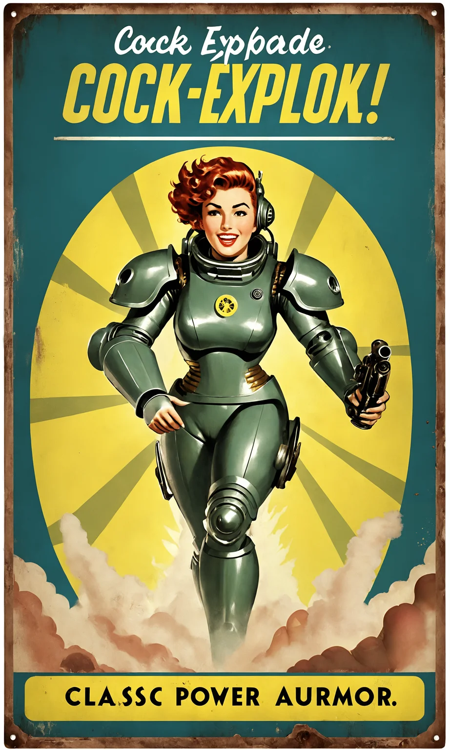 text "Cock Explode Now!", poster of a woman wearing fallout power armor, classic waves, falloutpostsdxl,<lora:falloutpostsdxl:0.8>, 1960s \(style\), classic ad,