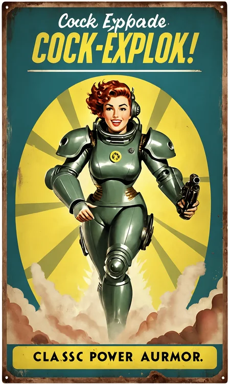 text "Cock Explode Now!", poster of a woman wearing fallout power armor, classic waves, falloutpostsdxl,<lora:falloutpostsdxl:0.8>, 1960s \(style\), classic ad,