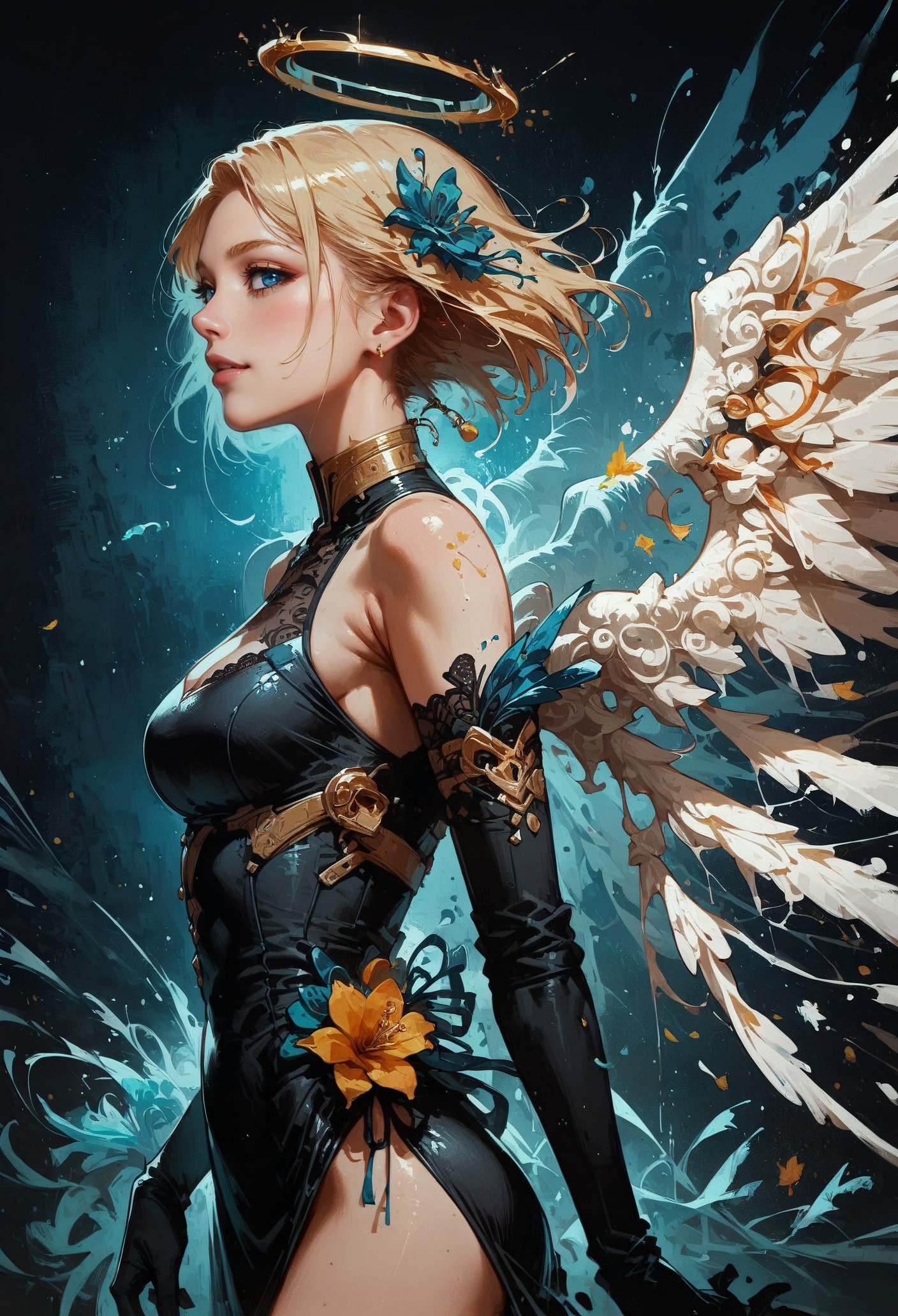 score_9, score_8_up, score_7_up,  1girl, angel, blonde hair, short hair, side view, standing, posing, black dress, opal, looking at viewer, white angel wings, feather wings, bright particles, darkness, gloom, black lace gloves, golden cherry blossom tones, Japanese aesthetic, lilies, explosive bright particles in the form of sparks of light, gold collar, black theme, black background  <lora:pony/twilight_style:0.8> <lora:pony/expressiveh:0.8> expressiveh <lora:pony/neon_cyberpunk_splash_art:0.8> <lora:sdxl/sinfully_stylish_sdxl>