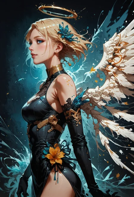 score_9, score_8_up, score_7_up,  1girl, angel, blonde hair, short hair, side view, standing, posing, black dress, opal, looking at viewer, white angel wings, feather wings, bright particles, darkness, gloom, black lace gloves, golden cherry blossom tones, Japanese aesthetic, lilies, explosive bright particles in the form of sparks of light, gold collar, black theme, black background  <lora:pony/twilight_style:0.8> <lora:pony/expressiveh:0.8> expressiveh <lora:pony/neon_cyberpunk_splash_art:0.8> <lora:sdxl/sinfully_stylish_sdxl>
