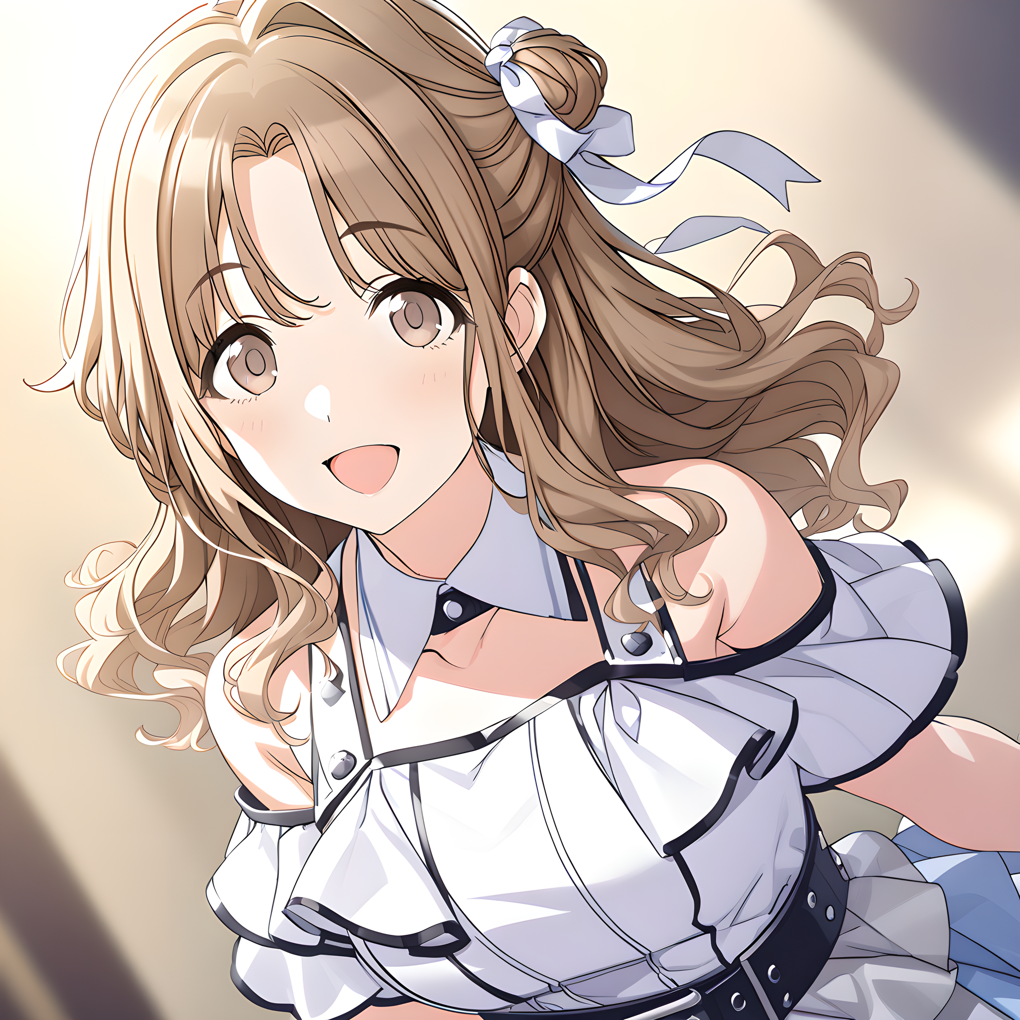 (masterpiece),(best quality),(ultra-detailed),(best illustration),(best shadow),(absurdres),(detailed background),(very aesthetic),
ichikawa_hinana, 1girl, solo, brown hair, blurry background, looking at viewer, brown eyes, dress, hair bun, belt, upper body, hair ribbon, long hair, ribbon, single hair bun, detached collar, simple background, smile, open mouth, microphone, idol, bare shoulders, single side bun, white dress, idoldress
<lora:Ichikawa_Hinana:1>