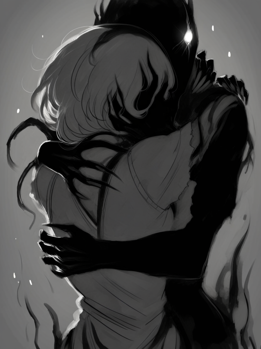 score_9, score_8_up, score_7_up, score_6_up, score_5_up,  <lora:th3d4rkXLP:1> th3d4rk, darkness, shadow, 1girl, monochrome, hug