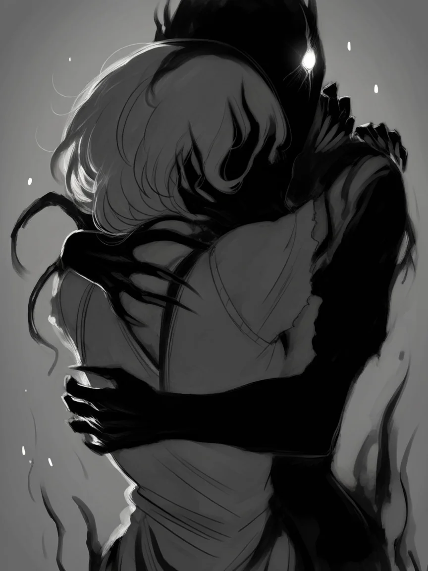 score_9, score_8_up, score_7_up, score_6_up, score_5_up, <lora:th3d4rkXLP:1> th3d4rk, darkness, shadow, 1girl, monochrome, hug