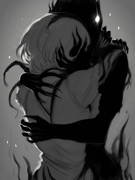 score_9, score_8_up, score_7_up, score_6_up, score_5_up, <lora:th3d4rkXLP:1> th3d4rk, darkness, shadow, 1girl, monochrome, hug