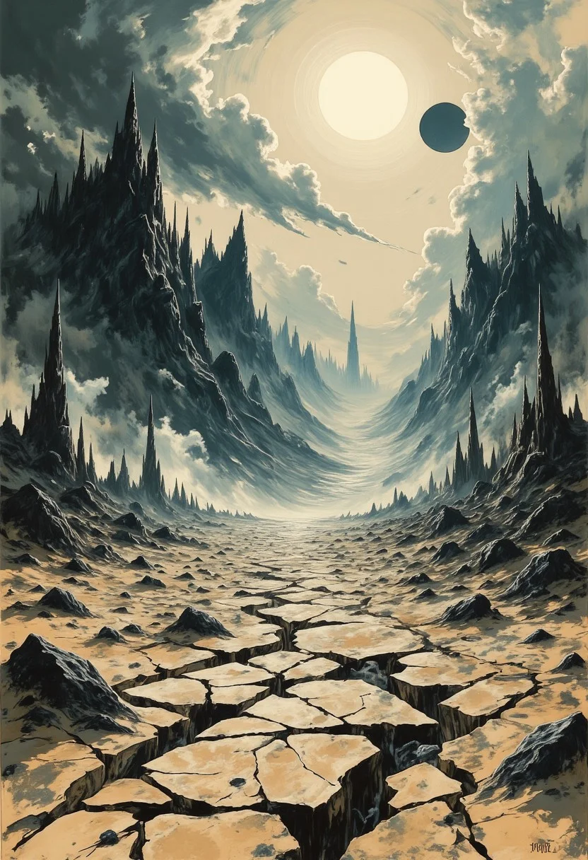 A barren open plain of cracked earth, dotted with black glass spikes that vary from small to many meters tall. In the far distance spiky mountains tower in darkness. The sun is dark and hangs in the sky. Smoky epic clouds fill most of the sky like a haze. G0thicL1nes