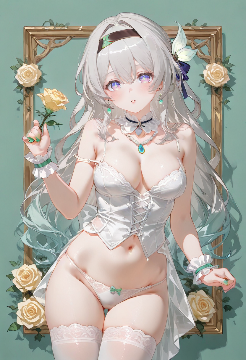 1girl,firefly \(honkai: star rail\),honkai: star rail,honkai \(series\),alternate costume,armpit crease,bare shoulders,bead necklace,beads,black bow,black hairband,blush,bow,breasts,cleavage,collar,corset,cowboy shot,detached collar,earrings,flower,frilled wrist cuffs,frills,green background,green nails,green pupils,green wrist cuffs,groin,hair between eyes,hair bow,hair ornament,hairband,holding,holding flower,jewelry,large breasts,legs together,long hair,looking at viewer,midriff,multicolored eyes,nail polish,navel,necklace,panties,parted lips,rose,see-through clothes,see-through thighhighs,see-through wrist cuffs,sidelocks,solo,strap slip,thighhighs,underwear,very long hair,white collar,white corset,white hair,white panties,white thighhighs,wrist cuffs,yellow flower,yellow rose <lora:CunnyFunkyXL_il_lokr_V6311P:0.95>