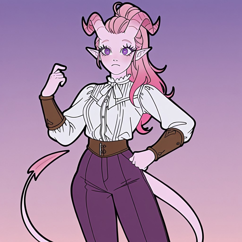 rlstyle, easynegative, poseydnd, Flatline, Flat vector illustration, Black outline, Vivid colors, anime coloring, 1girl, pink hair with purple gradient, poseydnd, ponytail, purple eyes, white blouse, purple pants, brown bracers, brown boots, tiefling, pointed ears, pink horns,straight horns, demon horns, tail, pointed ears, long pink hair, pink hair with purple gradient, long lashes, thick lashes, pale pink skin, thin tail, pink tail, imp tail, light colors, pastel colors, purple gradient in hair