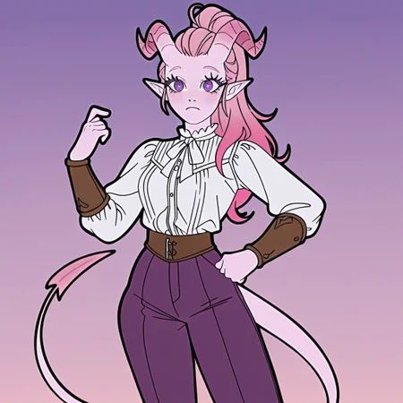 rlstyle, easynegative, poseydnd, Flatline, Flat vector illustration, Black outline, Vivid colors, anime coloring, 1girl, pink hair with purple gradient, poseydnd, ponytail, purple eyes, white blouse, purple pants, brown bracers, brown boots, tiefling, pointed ears, pink horns,straight horns, demon horns, tail, pointed ears, long pink hair, pink hair with purple gradient, long lashes, thick lashes, pale pink skin, thin tail, pink tail, imp tail, light colors, pastel colors, purple gradient in hair