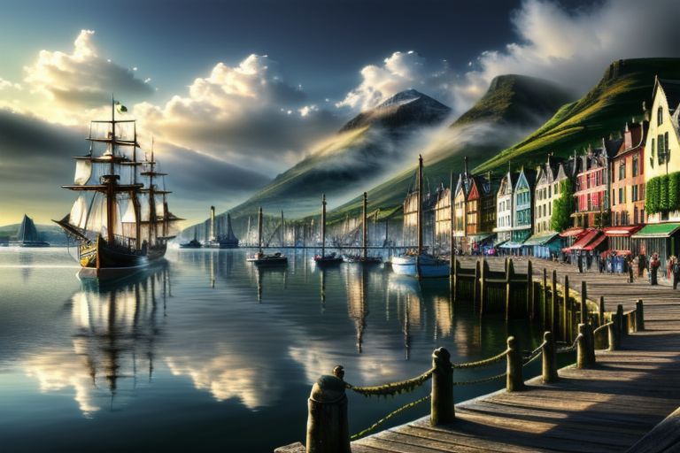 (masterpiece:1.2), (best quality,:1.2), 8k, HDR, ultra detailed, ((photorealistic)), perfect anatomy, pire, ship, pier, over looking a harbor, noon, CelticLandStyle