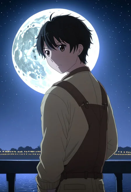 high resolution, solo, best quality, 1Boy, Inaho Kaizuka, Black Hair, Brown Eyes, depth of field, moon, fantastic night, dreamlike, midle of bridge, OverallDetail