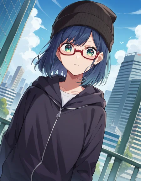 score_9, score_8_up, score_7_up, source_anime,
akanekurokawa, <lora:akane-kurokawa-ponyxl-lora-nochekaiser:1>,
akane kurokawa, bangs, green eyes, blue hair, medium hair, dark blue hair,
long sleeves, hat, jacket, glasses, hood, black jacket, black headwear, hoodie, hood down, red-framed eyewear, beanie,
outdoors, cityscape,
looking at viewer, cowboy shot, dutch angle,