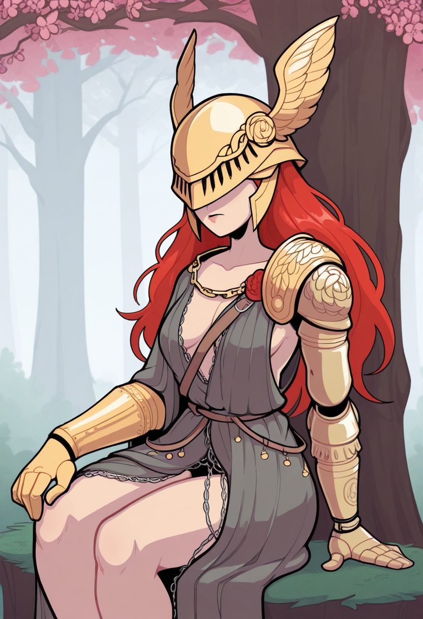 p4n1c3dstyle,   masterpiece, best quality, solo,                                                                                                           MALENIA, golden helmet, robe, bronze arm, sitting under  a tree blossom,