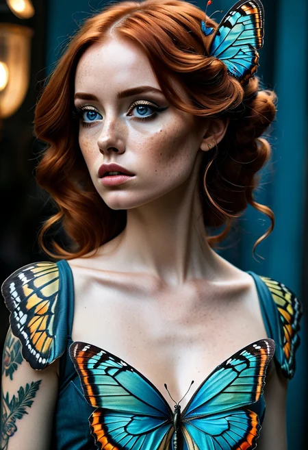 A (((sexy Irish woman wearing butterfly wings on her back))) in her early 30s, with a ((voluptuous)) (((hourglass))) figure, (large bosoms), ((wide hips)), ((thick thighs)), with a beautiful (((face))) featuring a small nose, rounded chin, oval face, blue eyes, and light subtle freckles, (((long, flowing ginger hair))), (((arm tattoos))), in a long flowing colorful boho dress, butterfly dress, ca45mv7-100,DV_Bea_Vicious