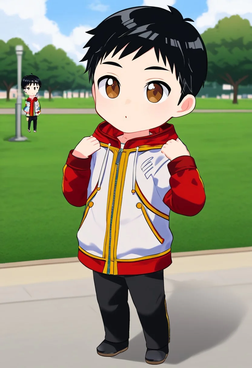 harmard, black hair, short hair, brown eyes, 1boy, (solo:1.20), solo focus, red_white_jacket, black pants, at park, chibi style, chibi