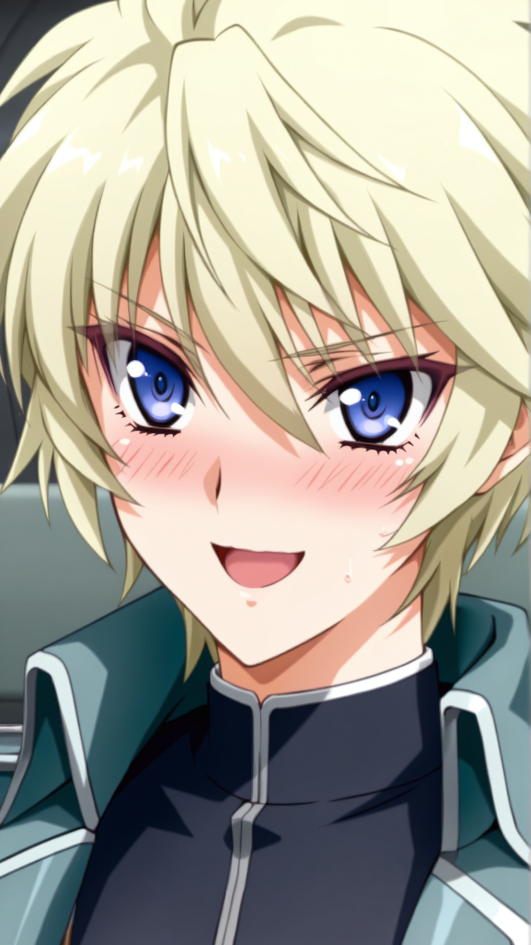 source_anime, general, best quality, masterpiece, 1girl,  <lora:Esther_Elhous_ill_v1.0:1> esther_elhous\(srw\),blue eyes , blonde hair, yellow hair,tsurime, military uniform,open jacket, embarrassed,:d,