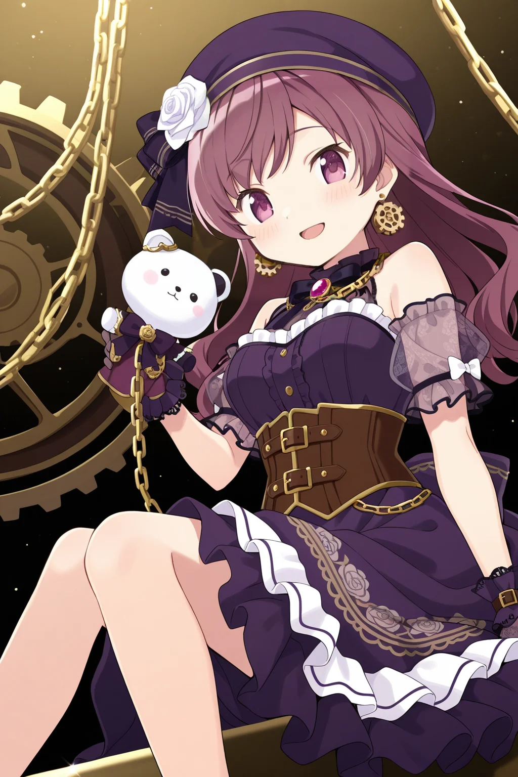 <lora:PuellaMagi:1>, PuellaMagi, 1girl, see-through sleeves, looking at viewer, solo, gears, see-through, stuffed toy, dutch angle, frills, jewelry, smile, stuffed animal, dress, open mouth, blurry foreground, sitting, hat, blush, white flower, white rose, gold chain, flower, earrings, wrist cuffs, long hair, bow, depth of field, chain, rose, puffy sleeves, ribbon, frilled dress, sleeveless, holding, corset, lace, bare shoulders, frilled sleeves, gloves, purple dress, skirt, feet out of frame