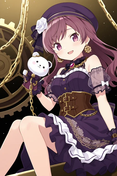 <lora:PuellaMagi:1>, PuellaMagi, 1girl, see-through sleeves, looking at viewer, solo, gears, see-through, stuffed toy, dutch angle, frills, jewelry, smile, stuffed animal, dress, open mouth, blurry foreground, sitting, hat, blush, white flower, white rose, gold chain, flower, earrings, wrist cuffs, long hair, bow, depth of field, chain, rose, puffy sleeves, ribbon, frilled dress, sleeveless, holding, corset, lace, bare shoulders, frilled sleeves, gloves, purple dress, skirt, feet out of frame