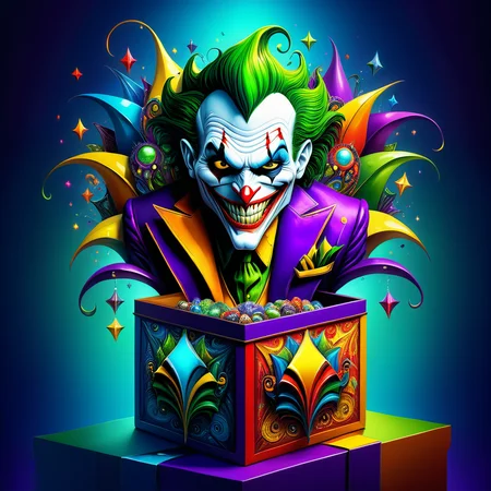 Monster in a box, high quality, masterpiece, Joker in a colourful box design, elaborate fantasy style art, intricate details, ultra sharp, backlit, exquisite detail <lora:Monster_in_a_Box_SDXL:1>
