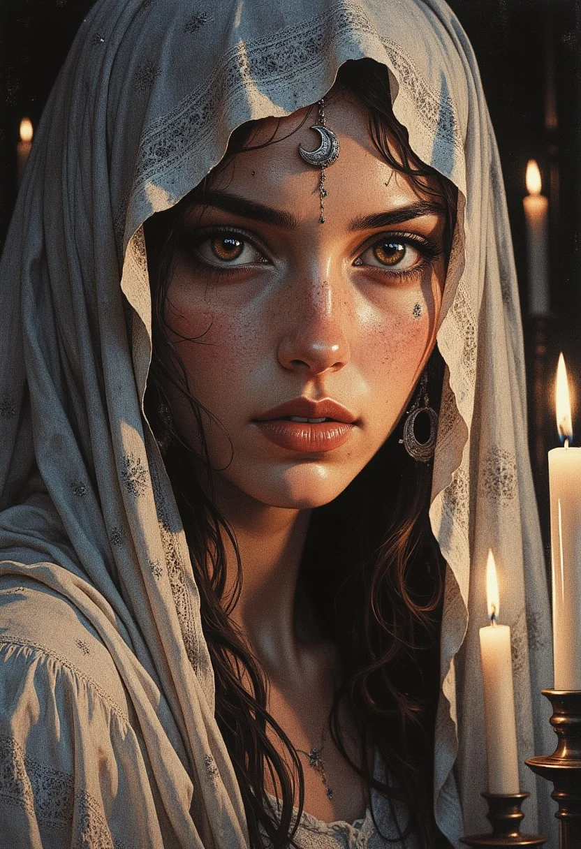 An atmospheric and powerful dark fantasy, natural organic and impressionist classical-style painting of a close-up head and shoulder portrait of a woman in a shadowy, candlelit room. Her face is framed by a delicate, sheer, laced veil that drapes over her forehead and falls to her shoulders, partially obscuring her features but allowing the soft glow of her eyes to shine through. Her eyes are downcast, filled with a hint of sadness, and her cheeks wet with tears that spilled down her from her eyes. Her lips are slightly parted, as if caught in a moment of vulnerability. She wears a silver earring in the shape of a crescent moon, glinting softly in the candlelight, and her long hair flows loosely beneath the veil, cascading over her shoulders. The veil is embroidered with tiny, shimmering stars that catch the light, adding a touch of ethereal beauty. The background is blurred, with hints of soft, glowing candles casting warm shadows over her skin, emphasizing the intimacy and emotional weight of the scene., (((ultra-realistic style))), realistic soft lighting, dark, eye-catching, atmospheric lighting, natural, shallow depth of field, (highlights: 0.8), high detail (dynamic, cinematic shot, film grain, bokeh, depth of field,